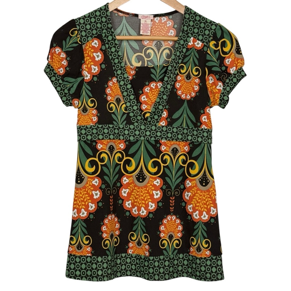 Candie’s Retro Floral Empire Waist Babydoll V-Neck Top XL Multicolor